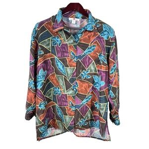 Vtg STUNT Collections Blouse Womens L 100% Silk Loop Collar Relaxed Button Up